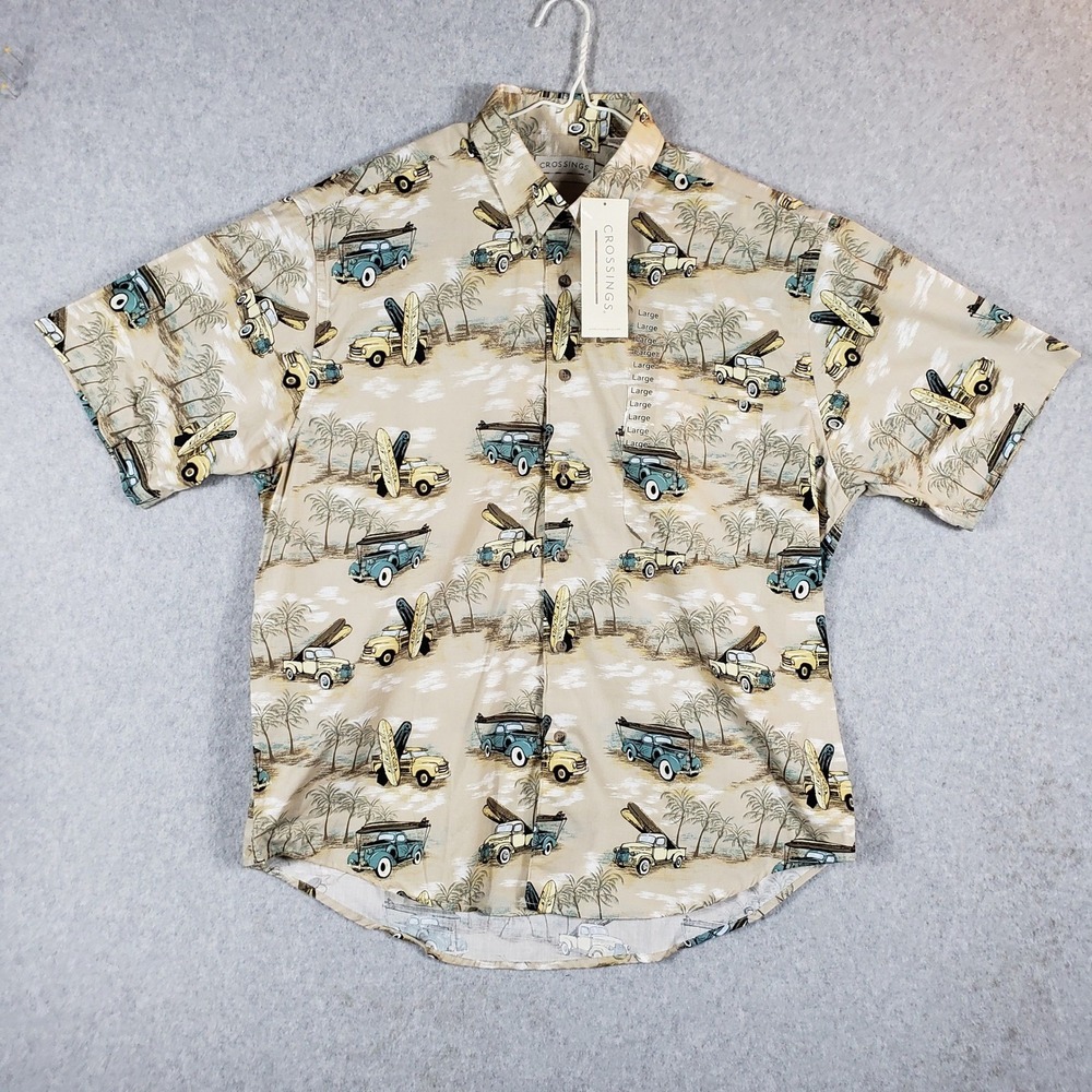 NWT Vintage Crossings‎ Men's Large Cotton Hawaiian Shirt Tan Beach Resort Scenic